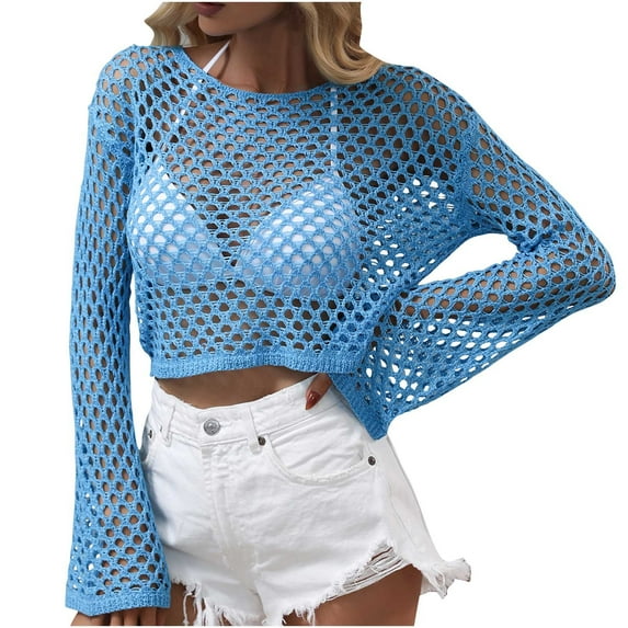 Women Sexy Casual Hollow Going Out Tops Long Sleeve Round Neck Knitted Cutout Sweater Clubwear Crop Top (Small, Blue)