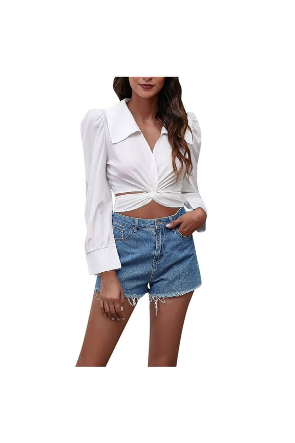 Women Sexy Crop Top Twist Front Tie Back Blouses Puff Long Sleeve Collared V Neck Cropped Shirts Solid Work Blouse