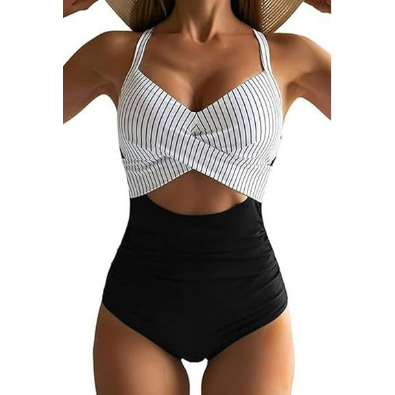 Women Sexy Cutout Swimwear Tummy Control Bathing Suit High Waisted Criss Cross Back Beachwear