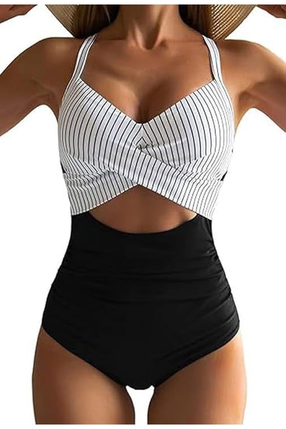 Women Sexy Cutout Swimwear Tummy Control Bathing Suit High Waisted Criss Cross Back Beachwear