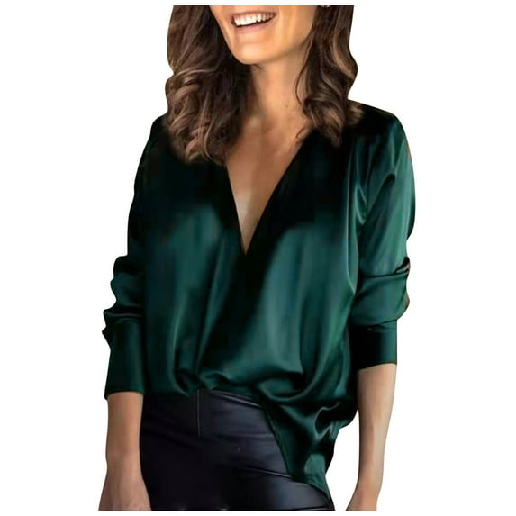 Women Sexy Deep V Blouses, Women's Satin Silk Shirts Long Sleeve Silky Shirt Work Office Blouse Business Casual Tops