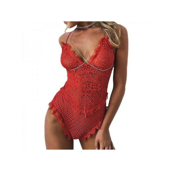 Women Sexy Deep V Neck Eyelash Lace Bodysuit Lingerie