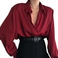 thumbnail image 1 of Women Sexy Deep V Neck Shirts Lace Button Down Flared Long Sleeve Office Blouse Ladies Autumn Spring Top Clothes, 1 of 2