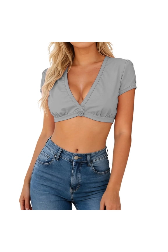 Women Sexy Deep V Neck Short Sleeve Button Cropped Top Summer Trendy Solid Y2K Slim Fit Ruched Crop T-Shirt