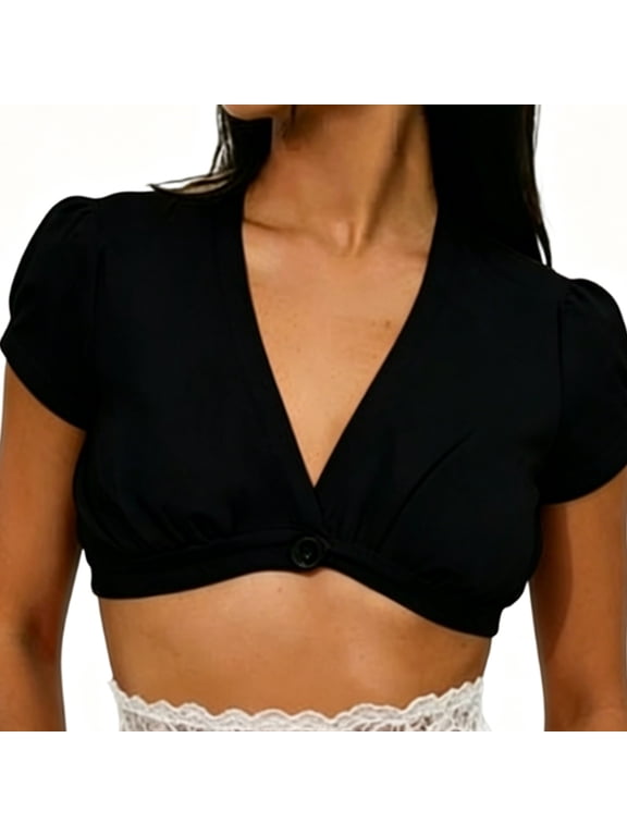 Women Sexy Deep V Neck Short Sleeve Button Cropped Top Summer Trendy Solid Y2K Slim Fit Super Crop T-Shirt Mini Shirt