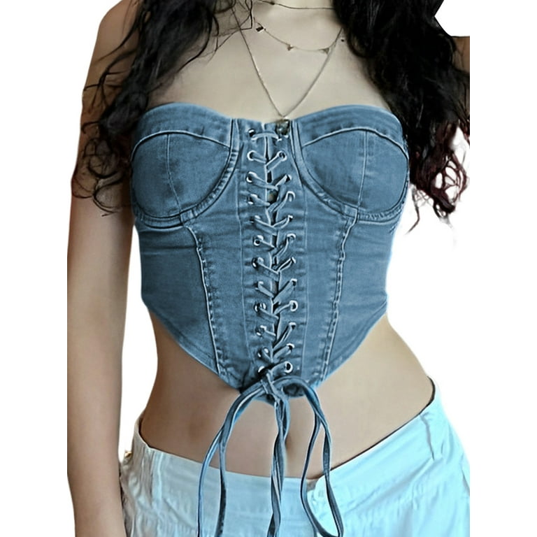 Women Sexy Denim Camisole Corset Bustier Zip Up Sleeveless Crop Tank Top  Summer Tie Up Spaghetti Strap Backless Vest