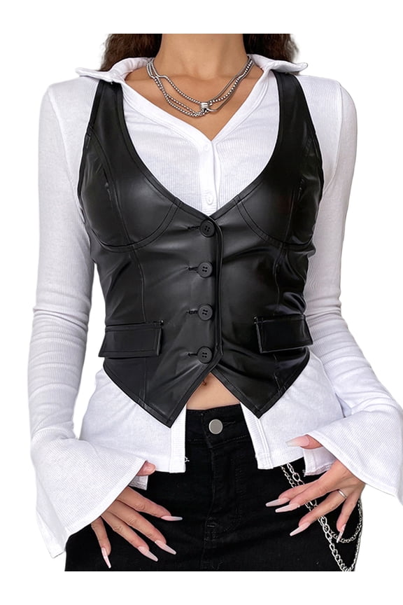Women Sexy Dressy Vest Slim Fit Button Leather Waistcoats Versatile Racerback Vintage Streetwear
