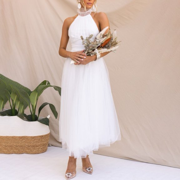 Women Sexy Elegant Mesh Halter Neck Sleeveless Solid Color Party Maxi Dress