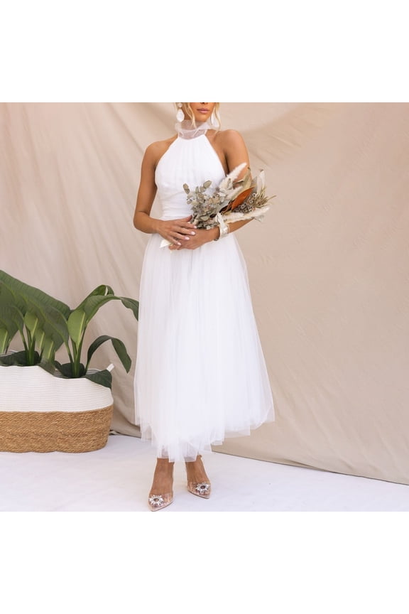 Women Sexy Elegant Mesh Halter Neck Sleeveless Solid Color Party Maxi Dress