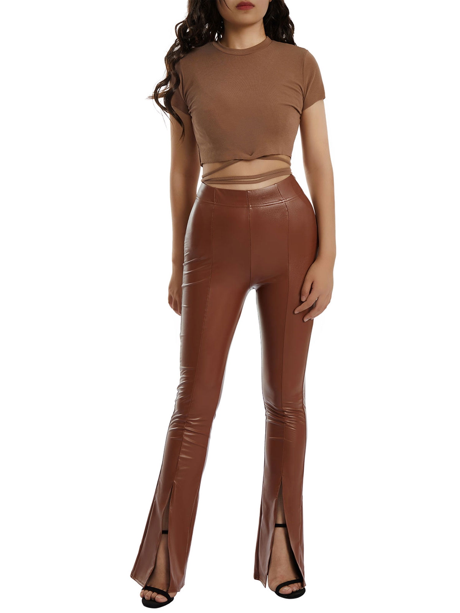 Women Sexy Faux Leather Pants High Waist Slim Pants Wide Leg Split