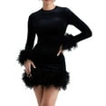 thumbnail image 1 of Women Sexy Feather Dress Long Sleeve Crew Neck Short Dress Patchwork Slim Fit Mini Dress for Cocktail Party, 1 of 10