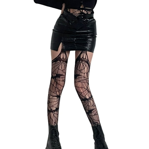 Women Sexy Fishnet Suspender Pantyhose Halloween Bat Spider Web Thigh High Stockings Irregular Striped Garter Belt Mesh Tights Clubwear Lingerie
