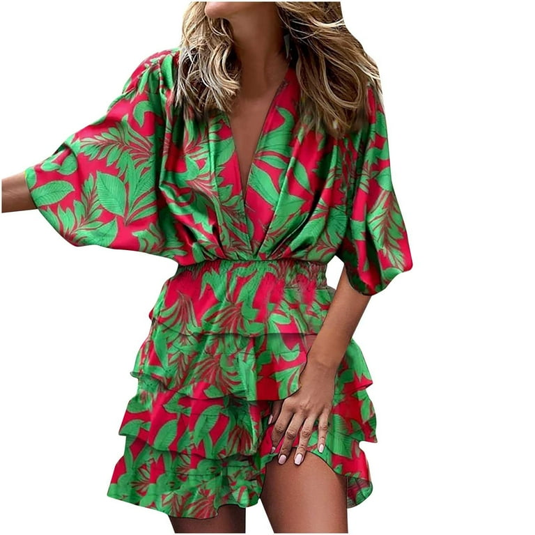 Women Sexy Half Sleeve Batwing Sleeve Floral Plant Printed High-waist  V-Neck Hem Ruffle Irregular 2023 Dresses Tops