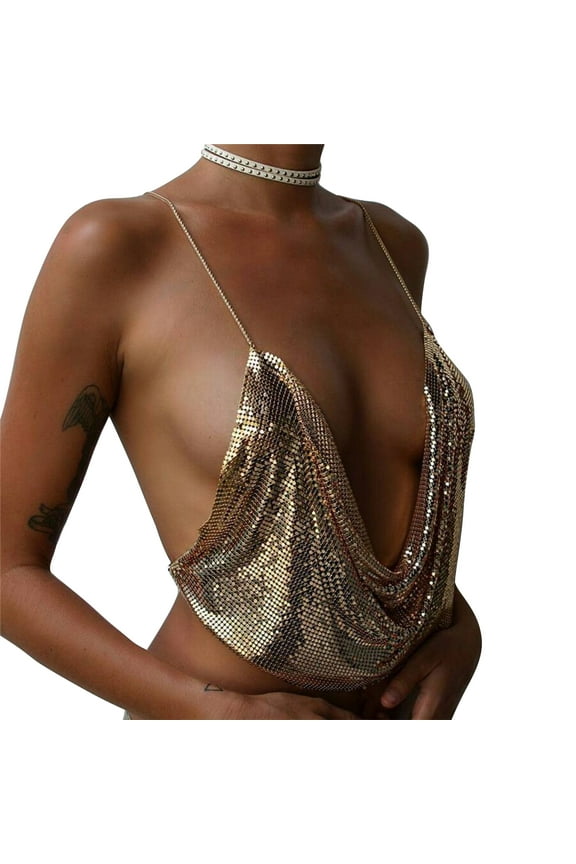 Women Sexy Halter Camisole Shining Metal Sequins Backless Low-Cut Camisole Top for Ladies Vacation Party Clubwear Beachwear