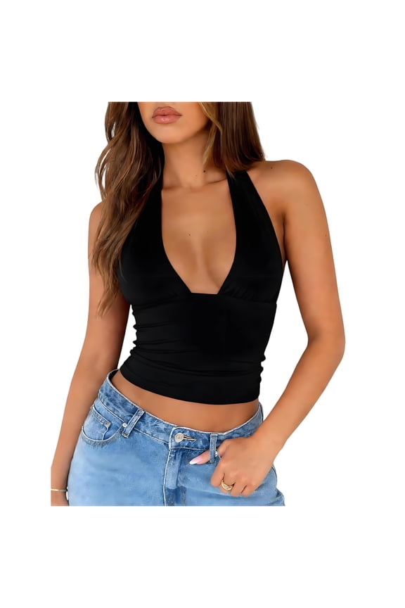 Women Sexy Halter Neck Backless Going Out Crop Tank Top Deep V Neck Open Back Sleeveless Slim Fit Y2k Summer Tops, M