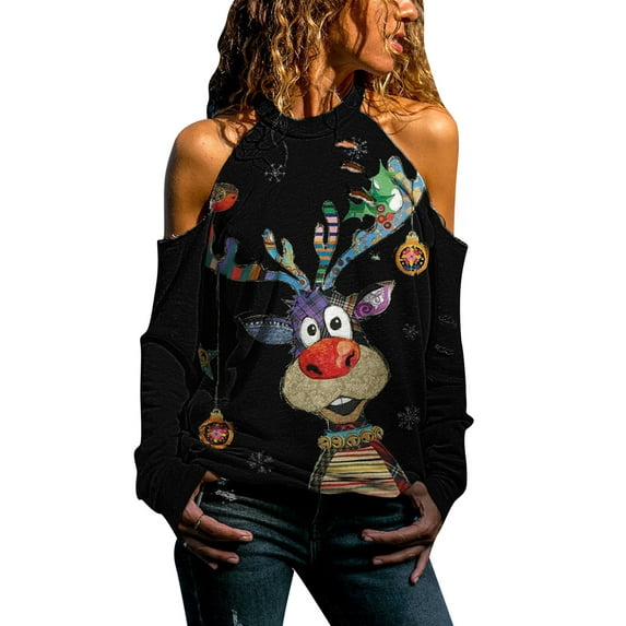 Women Sexy Halter Neck Long Sleeve Shirt Christmas Snowman Print Off Shoulder Blouse Top