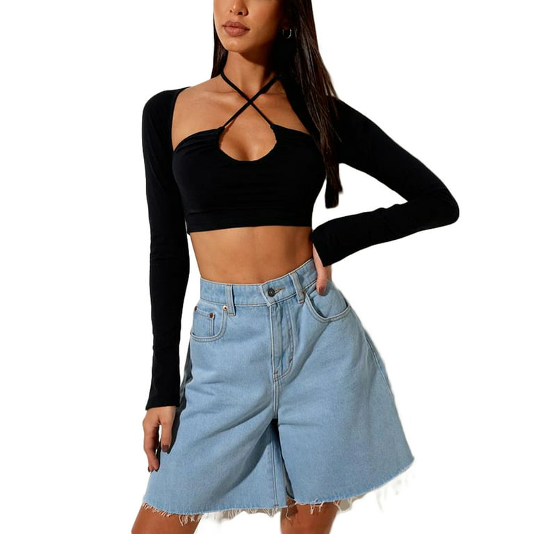 Women Sexy Halter Skiny Crop Tops Long Sleeve Solid Cutout Chest Front  Bandage Slim Fit Base T-Shirt
