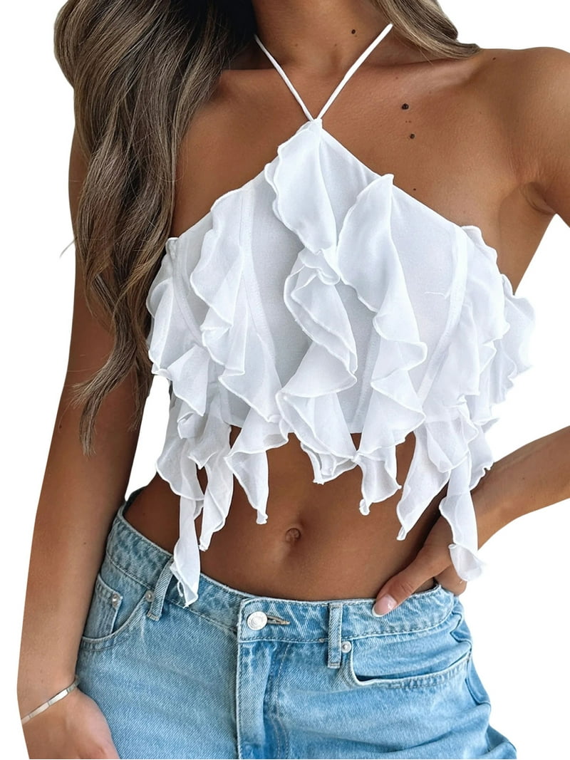 Women Sexy Halter Tank Top Flower Tassels Crop Top Sleeveless