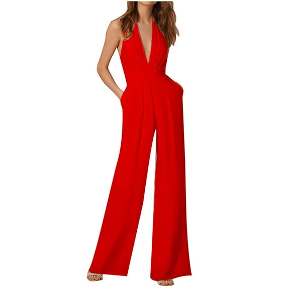 Women Sexy Halterneck Jumpsuit Solid Color, Short Sleeve, Party Beach Outfit, with Pockets