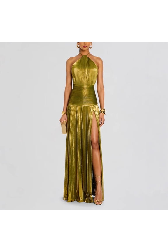 Women Sexy High Split Evening Dress Metallic Pleated Slit Dress With Tie-up Halter Neck And Open Back Solid Hollow Pleated Long Backless