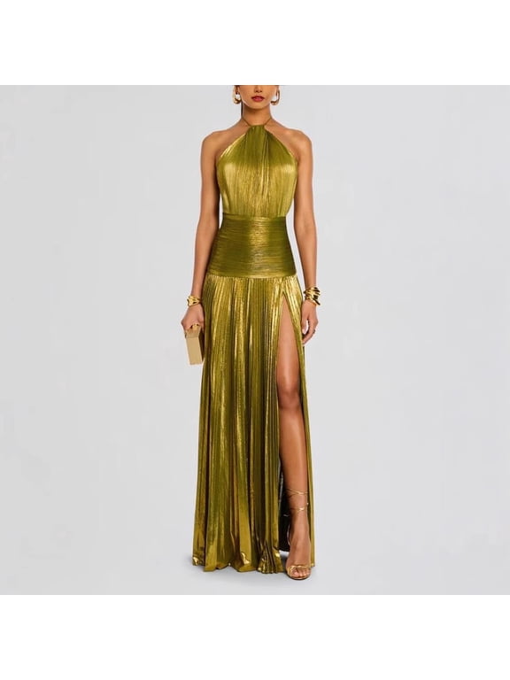 Women Sexy High Split Evening Dress Metallic Pleated Slit Dress With Tie-up Halter Neck And Open Back Solid Hollow Pleated Long Backless