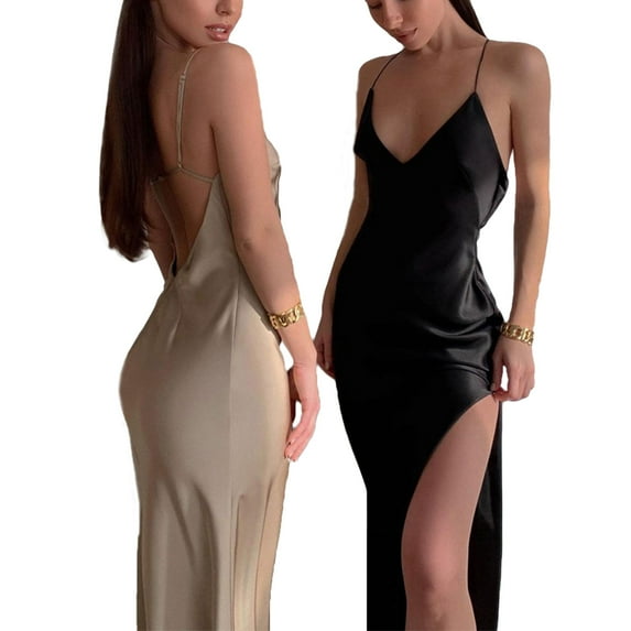 Women Sexy High Split Slit Dress Fashion Casual Solid Color Strap Deep V-Neck Sleeveless Bodycon Long Dress