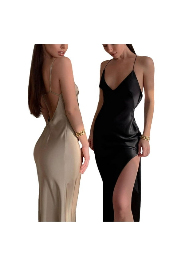 Women Sexy High Split Slit Dress Fashion Casual Solid Color Strap Deep V-Neck Sleeveless Bodycon Long Dress
