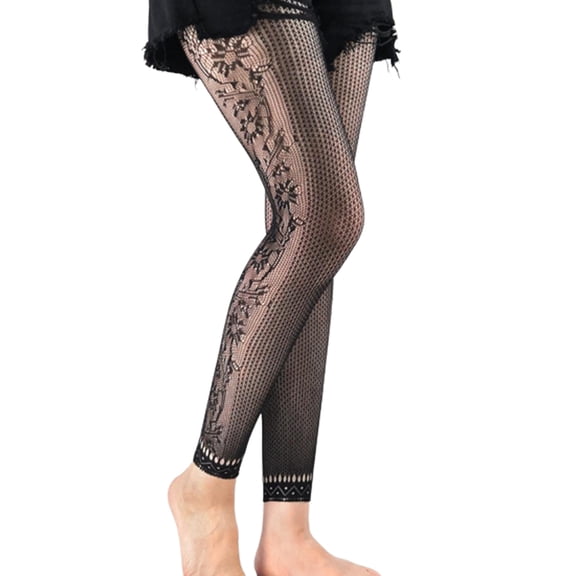Women Sexy High Waist Fishnet Footless Leggings Flower Pattern Mesh Ankle Tights