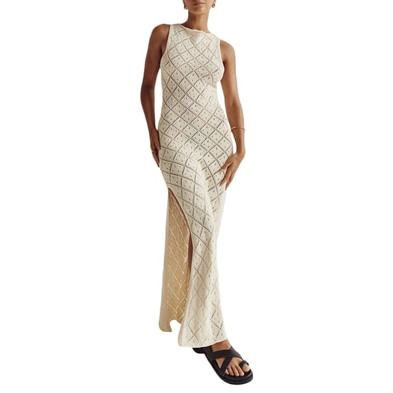 Women Sexy Knitted Maxi Dress Crochet See Through Bodycon Maxi Dress Swimsuit Cover up Dress Beach Swimwear