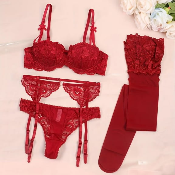 Women Sexy Lace Garter Belt Bra Garter Belt Panties Socks Suspender Belt Set