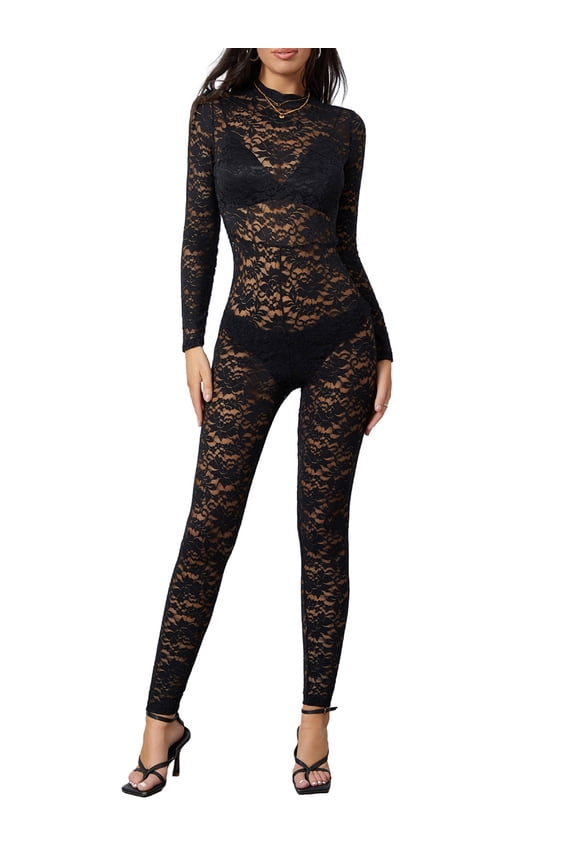 Women Sexy Lace Maxi Dress/Jumpsuit Floral Long Sleeve See Through Bodycon Clothes Summer