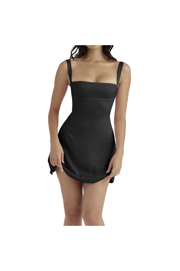 Women Sexy Lace Satin Mini Dress Spaghetti Strap Square Neck A line Bodycon Backless Party Club Cami Dress