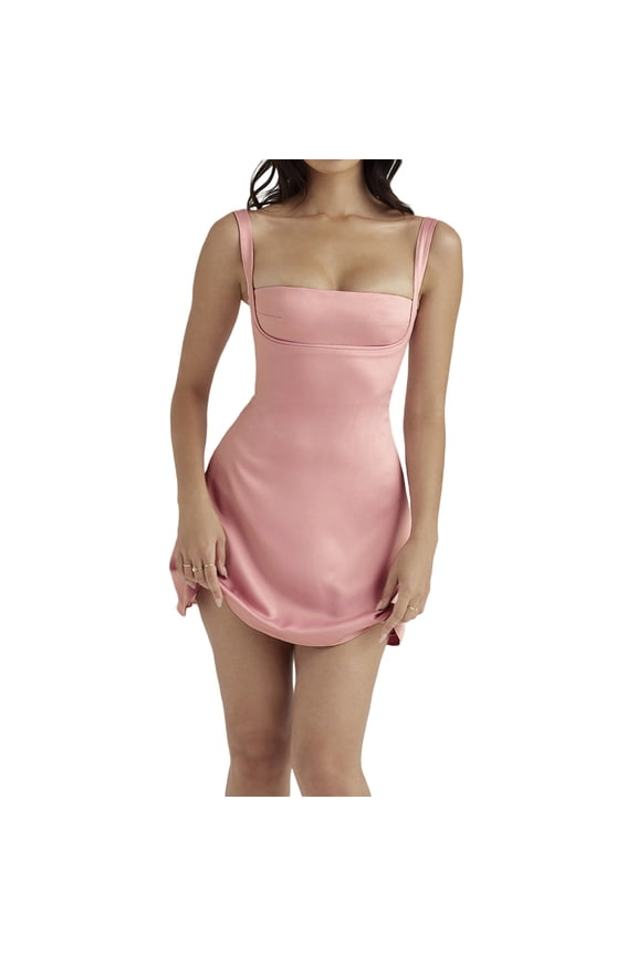 Women Sexy Lace Satin Mini Dress Spaghetti Strap Square Neck A line Bodycon Backless Party Club Cami Dress