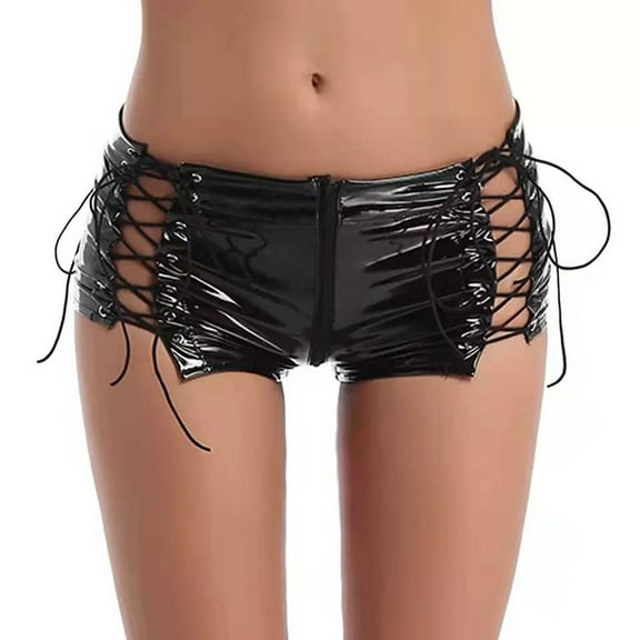 Women Sexy Leather Boxer, Sexy Zipper Open Crotch, Shiny Latex Underwear Crotchless