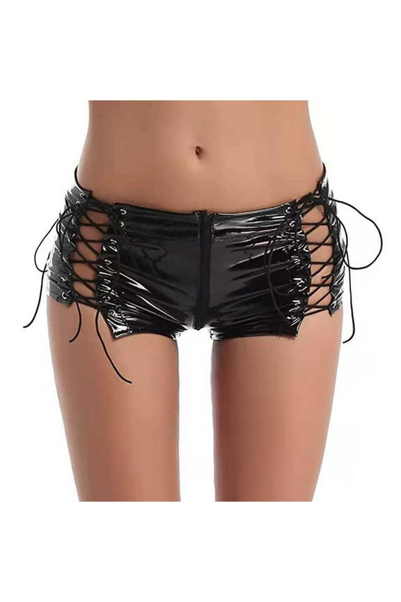 Women Sexy Leather Boxer, Sexy Zipper Open Crotch, Shiny Latex Underwear Crotchless