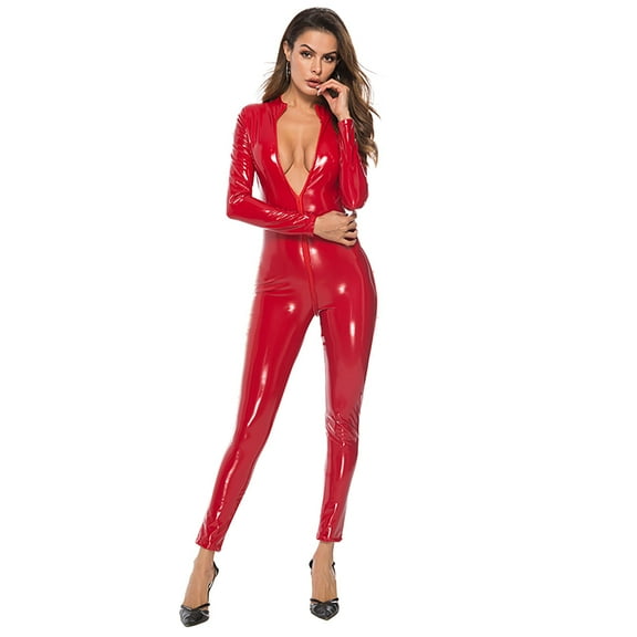 Women Sexy Leather Jumpsuit, Double Zipper Open Crotch, Glossy Leather, Shiny Latex Bodysuit Crotchless