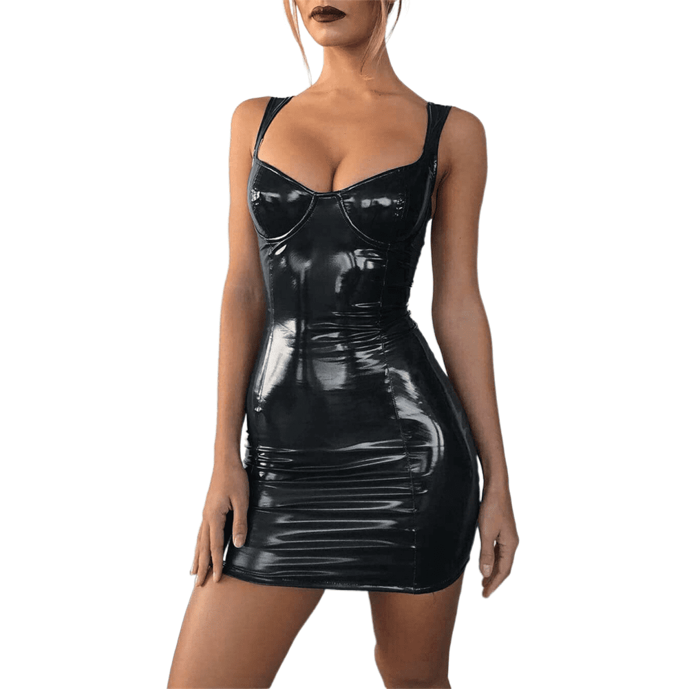 Sexy Backless Club Party Short Dress Deep V Neck Black Bodycon Faux Leather Push  Up Spaghetti