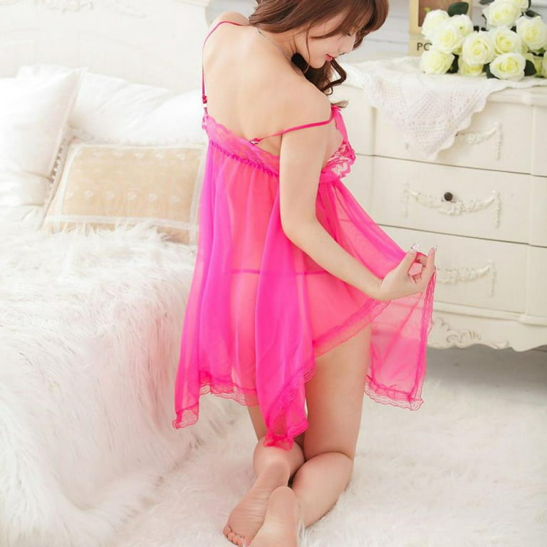 Women Sexy Lingerie Lace Babydoll Mesh V Neck Sleepwear See Through Strap  Two Piece Chemise，Women Lingerie Babydoll Lace Nightgown Mesh Chemise
