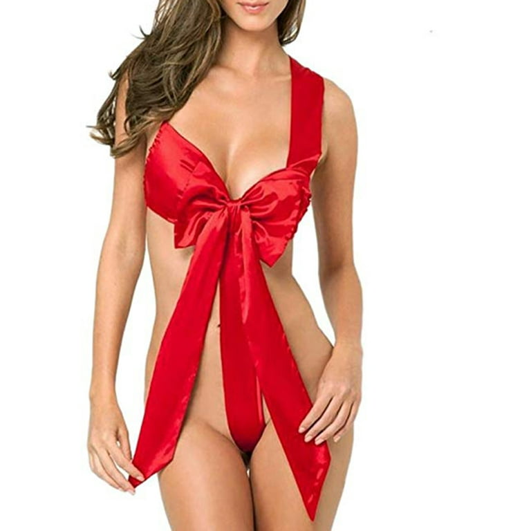 Women Sexy Lingerie Red Big Bowknot Jumpsuit Spandex Underwear Role Play  Night Life Clothing 