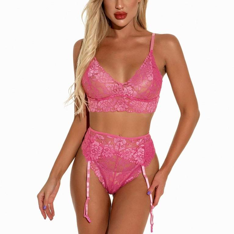 Women Sexy Lingerie Set Sheer Floral Lace See Through Bra and Panty Sets  with Garter Belt Babydoll Teddy High Waist Set