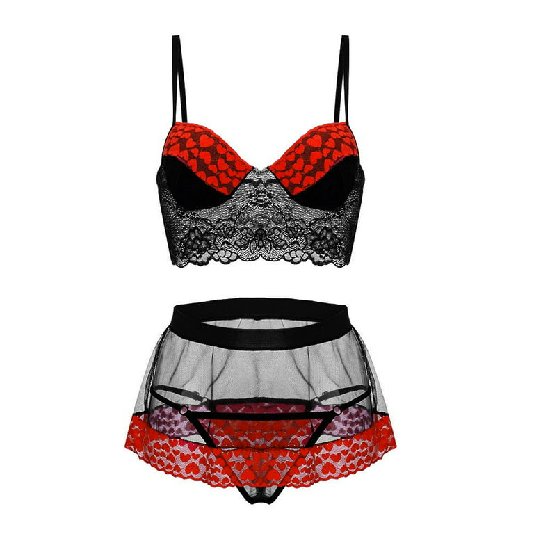 Women Sexy Lingerie Sets Love-Heart Printed Lace Bra and High Waist Panty  Skirt 2 Pieces Outfits Babydoll Sets