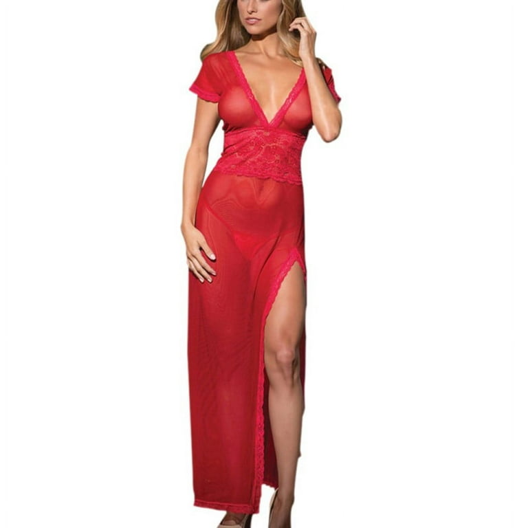 Women Sexy Long Dressing Night Gown Sheer Transparent Dress Nightgown  Lingerie +Thong Set Red XXL