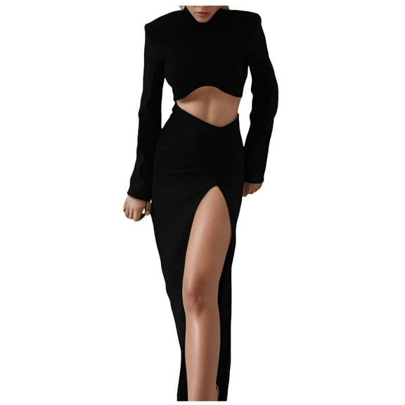 Women Sexy Long Sleeve Neck Cutout Ruched Bodycon Midi Dress - Polyester & Spandex, Ideal for Club & Party Occasions