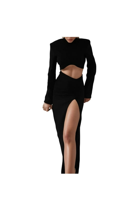 Women Sexy Long Sleeve Neck Cutout Ruched Bodycon Midi Dress - Polyester & Spandex, Ideal for Club & Party Occasions