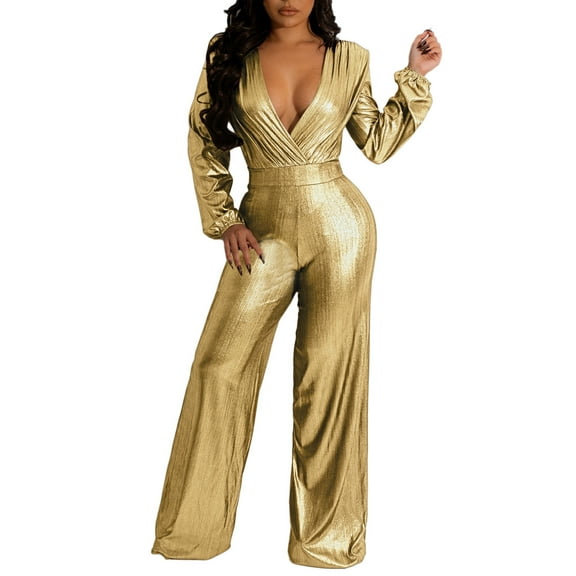 Women Sexy Long Sleeve V Neck Jumpsuits Slim Fit Nightclub Style Long Sleeve Wide Leg Jumpsuit