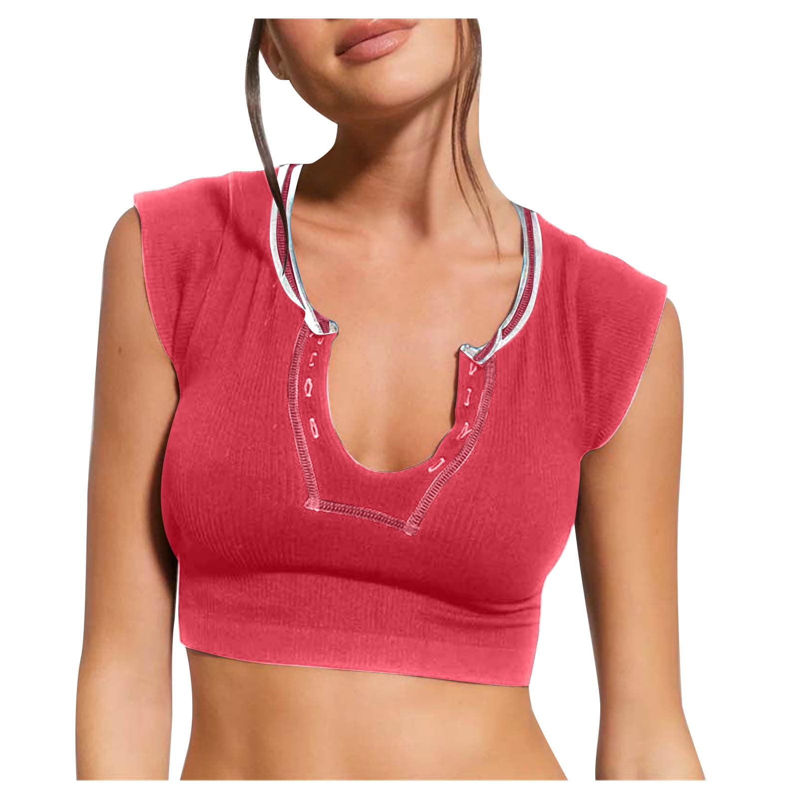 Women Sexy Low Cut Crop Shirt Sleeveless Fitted Knit Tshirts