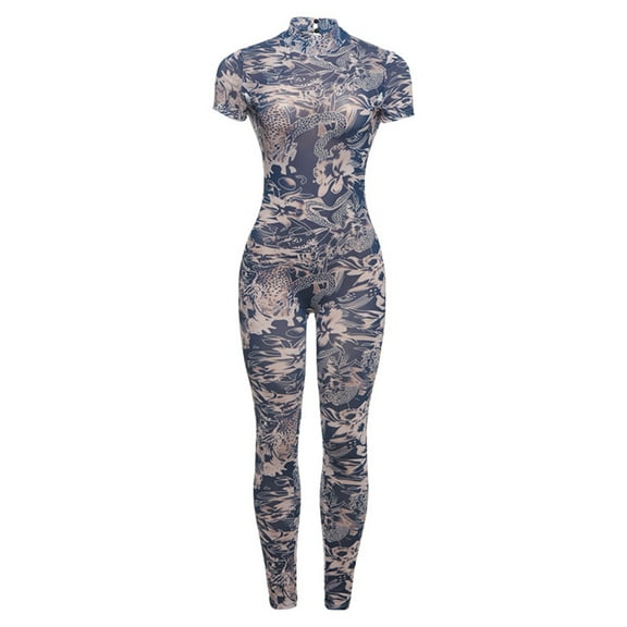Women Sexy Mesh Print See Through Going Out Birthday Club Print Perspective Mesh Jumpsuit