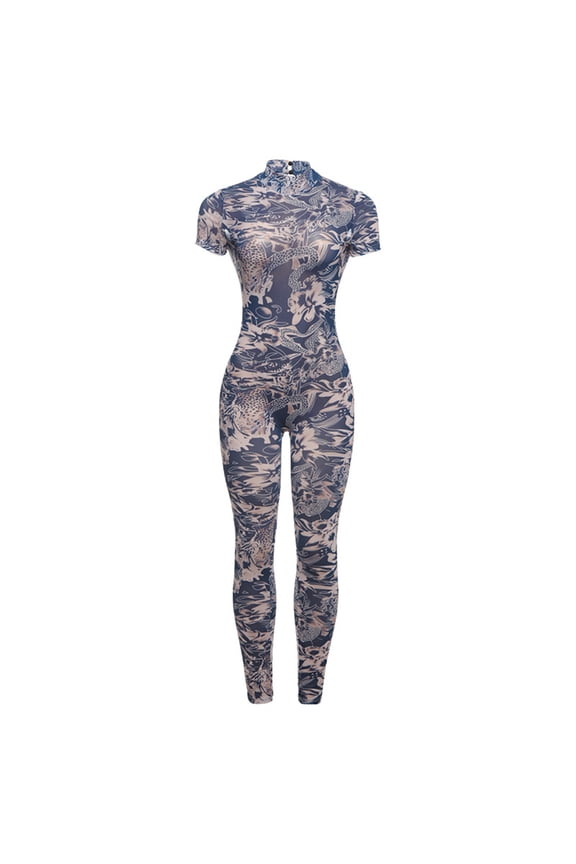 Women Sexy Mesh Print See Through Going Out Birthday Club Print Perspective Mesh Jumpsuit