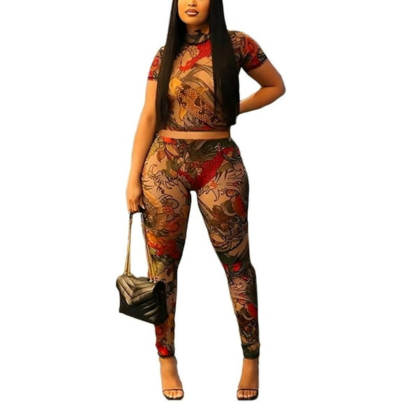 Women Sexy Mesh Print See Through Going Out Birthday Club Print Perspective Mesh Jumpsuit