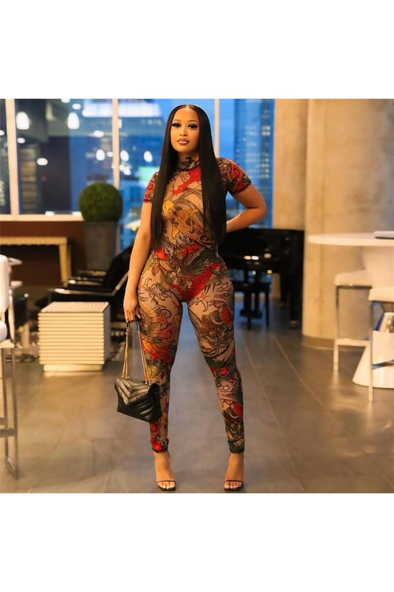 Women Sexy Mesh Print See Through Going Out Birthday Club Print Perspective Mesh Jumpsuit